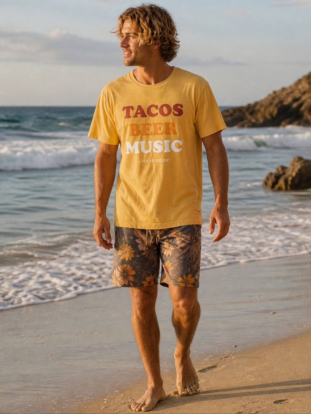 Life Is Good Crusher Tee T-Shirt Beer Tacos Music Baja Yellow XL